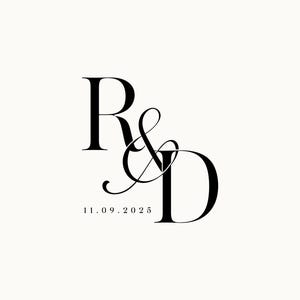 Pode incluir: Elegante monograma preto com as letras "R" e "D" entrelaçadas, e o símbolo &. Abaixo das letras está a data "11.09.2025" em uma fonte simples e clássica. O design está sobre um fundo creme.