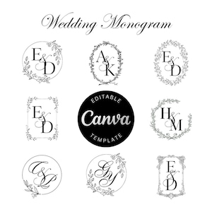 May include: A collection of black and white wedding monogram designs featuring various floral frames and letter combinations like E&D, A&K, H&M, C&P, and GY. A central black circle contains the white text Editable Canva Template.