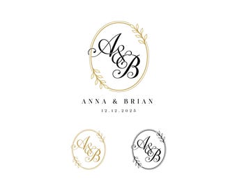 Custom Wedding Monogram Logo: Elegant Initials, Gold Botanical Frame