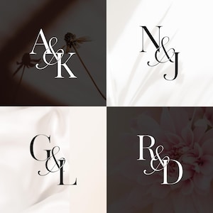Könnte beinhalten: Vier quadratische Bilder mit eleganten Monogramm-Designs. Jedes Design zeigt zwei Großbuchstaben, die mit einem kaufmännischen Und verbunden sind. Die Buchstaben sind in einer klassischen Serifenschrift gehalten, mit minimalistischer Ästhetik. Hintergründe variieren, einschließlich floraler und abstrakter Elemente.