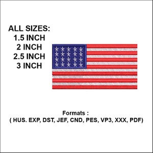 Könnte beinhalten: Gestickter Aufnäher der amerikanischen Flagge mit einem blauen Rechteck aus weißen Sternen und roten und weißen Streifen. Erhältlich in den Größen 3,8, 5,1, 6,4 und 7,6 cm. Formate: HUS, EXP, DST, JEF, CND, PES, VP3, XXX, PDF.