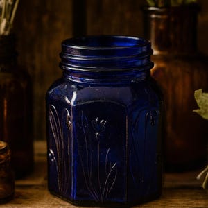 Vintage Cobalt Blue Glass Jar with Embossed Floral Design – Hexagon Apothecary Style Storage