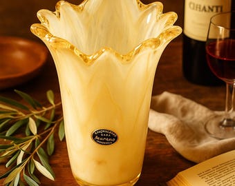 Handmade Murano Art Glass Vase | Italian Amber Ruffled Edge | Vintage Lavorazione Arte