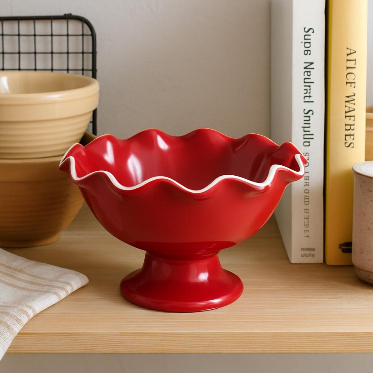 Longaberger Red Pedestal Bowl With Ruffled Edge | Vintage Ceramic Dish | Oven, Microwave & Dishwasher Safe - Etsy