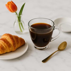 May include: A clear glass mug filled with dark coffee, a golden spoon, and a croissant on a white plate. An orange tulip in a small glass vase adds a touch of color to the scene. The items are arranged on a marble surface.