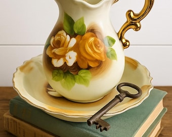 Vintage Athena USA Ceramic Wash Basin & Pitcher Set With Pink Rose