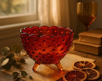 Fenton Hobnail Amberina Candy Dish – Ruby Red & Orange Glass Beauty – 1950s Retro Collectible Bowl – Rare 3-Toed Scalloped Edge Design