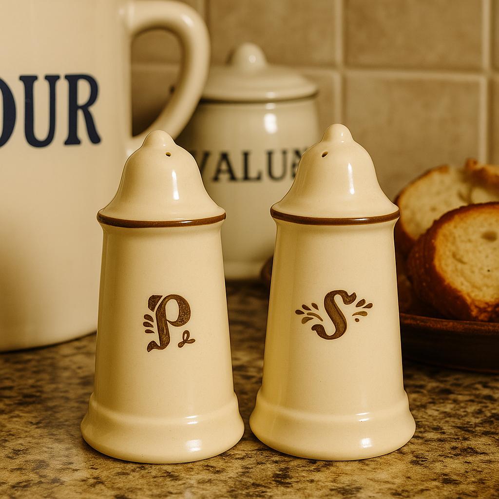 Vintage Pfaltzgraff Salt and Pepper Shakers – Village Pattern Stoneware – Tall Ivory Ceramic Shakers with Brown Script