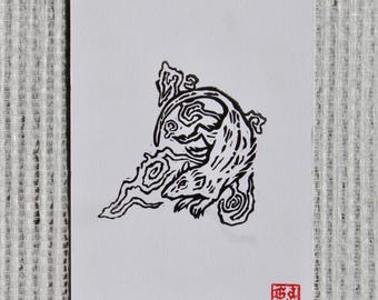 Linograbado A6, rata y nube - Serie “rata en las nubes” - Póster de pared impreso a mano, firmado, edición limitada