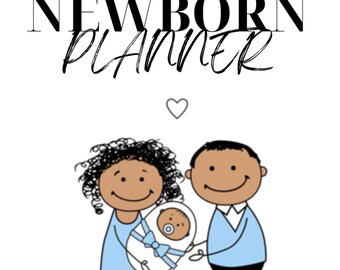 May include: A black and white illustration of a family with a newborn baby. The parents are holding the baby, who is wrapped in a blue blanket. The text "NEWBORN PLANNER" is at the top of the image.