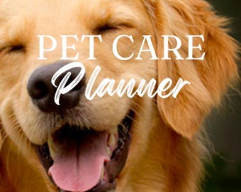 以下が含まれることがあります： 目を閉じ、口を開けて笑顔のゴールデンレトリバー犬。犬の頭の上に「PET CARE Planner」という文字が白で書かれています。「This Planner Belongs To:」という文字が画像の下部に白で書かれています。