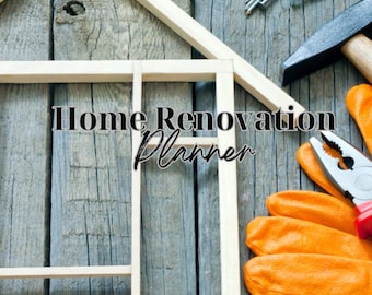 Może przedstawiać: Drewniany szkielet domu z tekstem "Home Renovation Planner" na tle postarzanego drewna. Wokół szkieletu rozrzucone są narzędzia, takie jak młotek, szczypce i gwoździe.