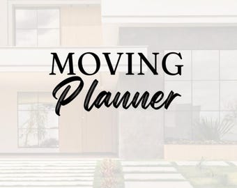 Può includere: Una casa moderna bianca con una sovrapposizione di testo nero che dice "MOVING Planner".