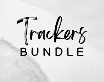 May include: A black and white image with a watercolour background. The text "Trackers Bundle" is written in a bold, handwritten font.