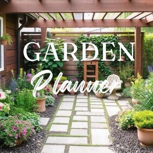 May include: A small garden patio with a wooden pergola, a stone path, and lush greenery. The text "GARDEN Planner" is superimposed on the image.