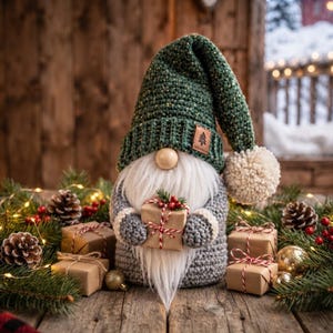 Op de afbeelding: Een gehaakt kabouterfiguur met een donkergroene muts met gouden spikkels en een witte pompon. De kabouter heeft een lange witte baard, een grijs gehaakt lichaam en houdt een klein bruin cadeautje vast dat is vastgebonden met rood-wit touw. Een klein houten label met een boomicoon zit aan de muts.