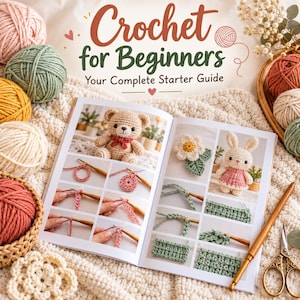 Może przedstawiać: Podręcznik do szydełkowania zatytułowany Crochet for Beginners Your Complete Starter Guide, zawierający zdjęcia pluszowego misia, króliczka i instrukcje ściegów, otoczony kolorowymi kłębkami włóczki i złotymi nożyczkami.