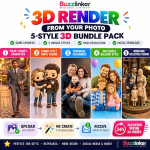 Pode incluir: Um anúncio de serviço digital para um pacote 3D de 5 estilos da Buzzlinker. Exibe cinco representações artísticas distintas de pessoas, incluindo estilos Pixar, figura de vinil, CGI, balão e figura em miniatura com entrega em 24 horas.