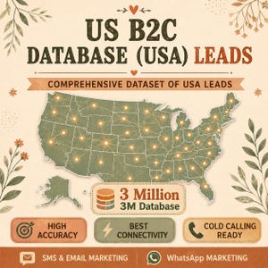Może przedstawiać: Cyfrowa grafika przedstawiająca mapę USA z świecącymi punktami połączeń. Tekst zawiera US B2C DATABASE (USA) LEADS, COMPREHENSIVE DATASET OF USA LEADS, 3 Million 3M Database, HIGH ACCURACY, BEST CONNECTIVITY, COLD CALLING READY, SMS & EMAIL MARKETING oraz WhatsApp MARKETING.