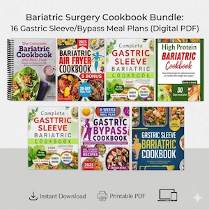 May include: A collection of digital cookbooks for bariatric surgery meal plans. The image shows eight cookbooks, including titles like "Bariatric Air Fryer Cookbook" and "Gastric Sleeve Bariatric Cookbook." The books have colourful food images and text such as "28-Day Meal Plan."