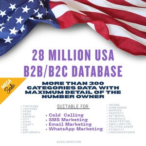 Op de afbeelding: Een digitale marketingafbeelding met de Amerikaanse vlag bovenaan en de tekst 28 MILLION USA B2B/B2C DATABASE. Het bevat gegevenscategorieën zoals voornaam, achternaam, telefoon, e-mail, adres, inkomen en meer, met een MEGA SALE banner.