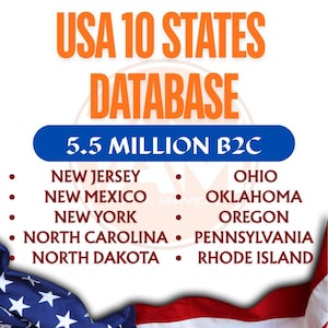 Może przedstawiać: Infografika z pomarańczowym tekstem "USA 10 STATES DATABASE". Niebieski baner głosi "5.5 MILLION B2C". Poniżej wyświetlona jest lista dziesięciu stanów USA, w tym New Jersey, Nowy Meksyk, Nowy Jork, Karolina Północna, Dakota Północna, Ohio, Oklahoma, Oregon, Pensylwania i Rhode Island.