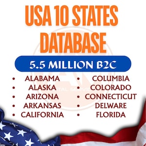 Może przedstawiać: Infografika z pomarańczowym tekstem "USA 10 STATES DATABASE". Poniżej niebieski baner z napisem "5.5 MILLION B2C". Listy stanów obejmują: Alabama, Alaska, Arizona, Arkansas, Kalifornia, Kolumbia, Kolorado, Connecticut, Delaware i Floryda.