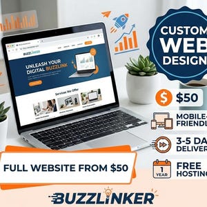 Könnte beinhalten: Ein Laptop, der ein Website-Design mit dem Text "UNLEASH YOUR DIGITAL BUZZLINK" anzeigt. Das Bild enthält ein Logo, eine Kaffeetasse und eine Sukkulentenpflanze. Zusätzlicher Text lautet "CUSTOM WEB DESIGN" und "FULL WEBSITE FROM $50".