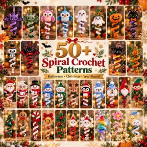 Puede incluir: Una colección de más de 50 patrones de ganchillo en espiral con varios personajes festivos y estacionales, incluyendo fantasmas, calabazas, esqueletos, Papá Noel, muñecos de nieve y renos, mostrados como adornos colgantes con texto.