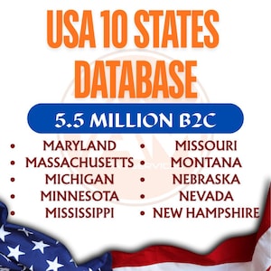 Może przedstawiać: Infografika z pomarańczowym tekstem "USA 10 STATES DATABASE". Niebieski baner głosi "5.5 MILLION B2C". Poniżej lista stanów obejmuje Maryland, Massachusetts, Michigan, Minnesota, Mississippi, Missouri, Montana, Nebraska, Nevada i New Hampshire.