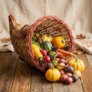 May include: A woven wicker cornucopia basket filled with a variety of autumn produce including small yellow and green pumpkins, gourds, red radishes, potatoes, carrots, and brown pinecones, resting on a wooden surface with a fabric backdrop.