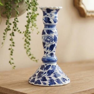 Blue and White Ceramic Candlestick, Floral Pottery Taper Holder, Cottagecore Home Decor, French Country Table Accent, Romantic Cottage
