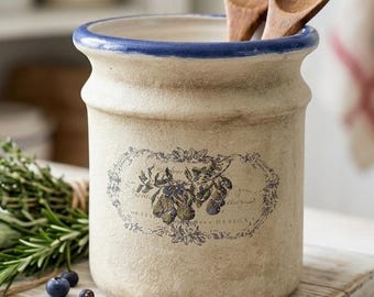 Vintage Inspired Stoneware Crock, French Country Botanical Planter, Textured Apothecary Jar