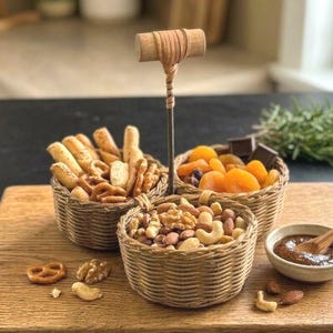 May include: A wooden serving board with three woven baskets filled with snacks. The baskets hold pretzels, nuts, dried apricots, and breadsticks. A small bowl of dip and a wooden spoon are also included.