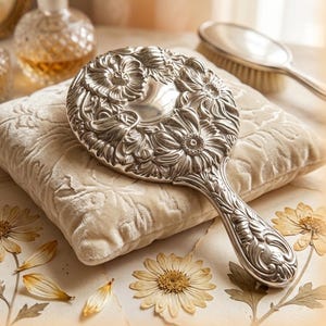Vintage Silverplate Handheld Vanity Mirror Ornate Floral Chrysanthemum Repousse Dresser Decor Art Nouveau Antique Style Looking Glass