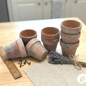 May include: A collection of small, terracotta flower pots with a weathered appearance. The pots are arranged with a vintage ruler, small brass tacks, a bundle of dried lavender, and a piece of tan fabric. The pots vary in size and show signs of age.