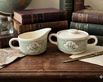 Vintage Green Transferware Creamer & Sugar Bowl Set, Royal China Old Curiosity Shop, Nautical Steamboat and Sailing Ship Decor, Ironstone