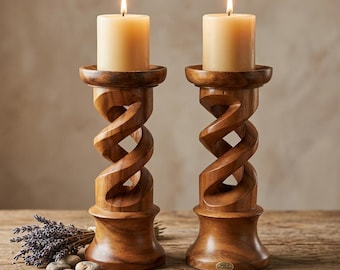 Vintage Hand Carved Monkey Pod Wood Double Helix Candle Holder Pair - Open Twist Wooden Pillar Stand Set - Mid Century Coastal Table Accent