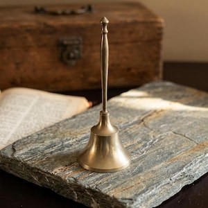 May include: A brass hand bell featuring a smooth, flared base and a long, slender handle topped with a small, rounded finial. The metal surface has a muted, metallic gold finish with subtle vertical reflections along the handle.