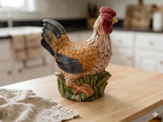 Ceramic Rooster Figurine, Mid-Century Hand-Painted Earthenware Rooster Statue, French Country Kitchen Decor