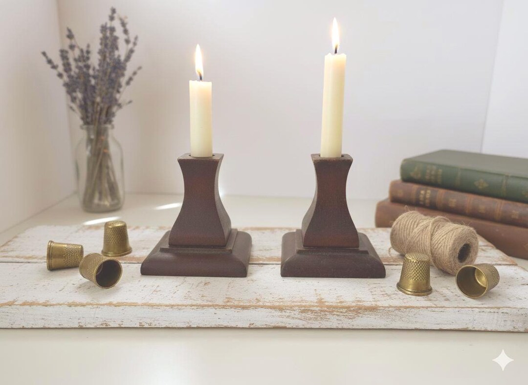 Vintage Wooden Candlestick Holders, Set of 2, Dark Wood, Mid Century ...