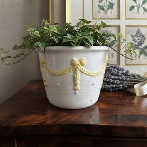 Vintage Italian Bassano Ceramic Planter, White Cachepot with Yellow Swag Garland Detail, Mid Century Floral Earthenware Flower Pot Decor