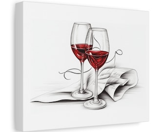 Druck auf Leinwand, Schwarzweiß Weingläser Zeichnung, Feine Bleistift Kunst, Wohnkultur Geschenk, Küche Wandkunst, Einweihungsparty Geschenk, Schwarz Weiß