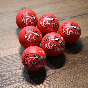 Pu&ograve; includere: Un set di cinque palline antistress rosse e rotonde, ognuna con una grafica bianca e rossa di una testa di gatto selvatico. Ogni pallina riporta la scritta Class of 19 e nomi individuali stampati in corsivo nero.
