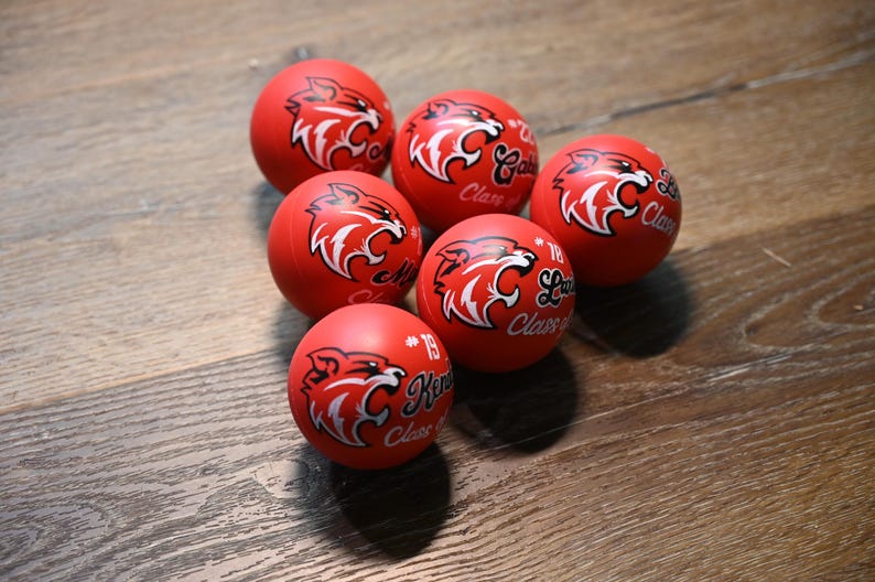 Pu&ograve; includere: Un set di cinque palline antistress rosse e rotonde, ognuna con una grafica bianca e rossa di una testa di gatto selvatico. Ogni pallina riporta la scritta Class of 19 e nomi individuali stampati in corsivo nero.