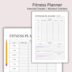 May include: Two white fitness planner sheets with black text. The top sheet has the title "Fitness Planner" and sections for workout tracking. The bottom sheet has a pencil and the title "Fitness Pla".