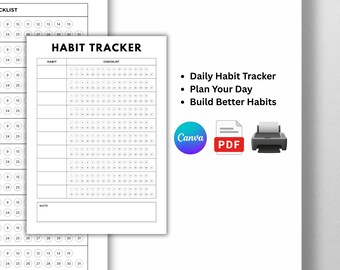 Monthly Habit Tracker Printable Landscape, Habit Tracker Template, Routine Tracker, 30 Day Habit Challenge, A4/Letter, Instant Download