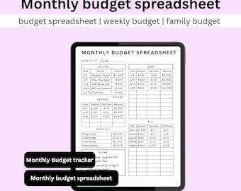 monthly budget spreadsheet, monthly budget planner, bill tracker, weekly budget, digital budget planner, budget by paycheck, digital planner