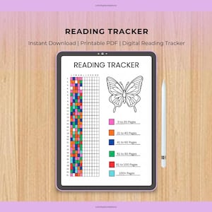 May include: A digital reading tracker on a tablet with a butterfly graphic. The tracker includes a grid for tracking books read, with color-coded sections for page ranges. A white stylus is next to the tablet. The text on the tablet says "Reading Tracker".