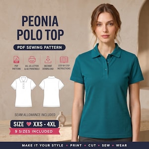 Polo Shirt Sewing Pattern, Short Sleeve Collared Top with Button Placket, PDF Download